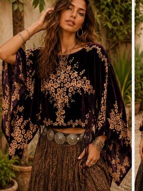 Heidi Abra Silk Velvet Floral Kimono Wide Sleeves Embellished Top Purple OS
